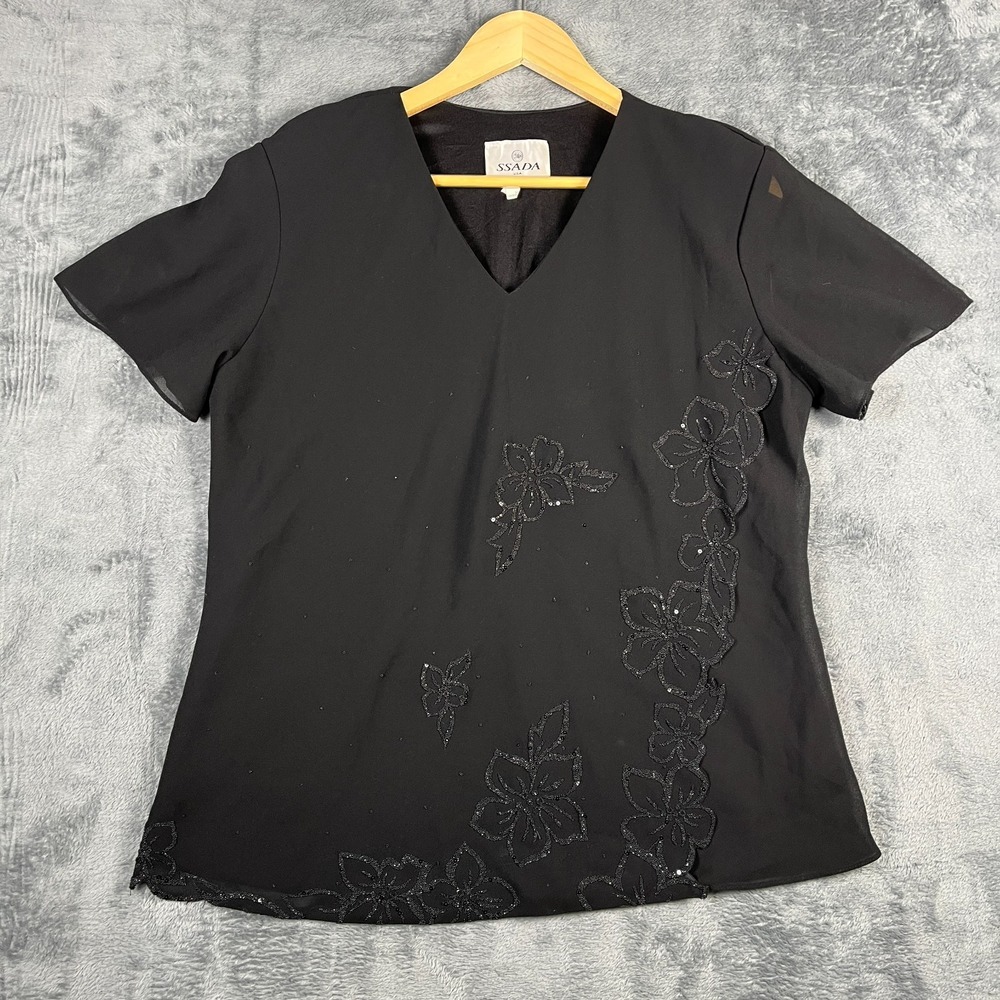SSADA Blouse Top Womens 3XL Black Chiffon Floral Embellished V Neck Minimalist